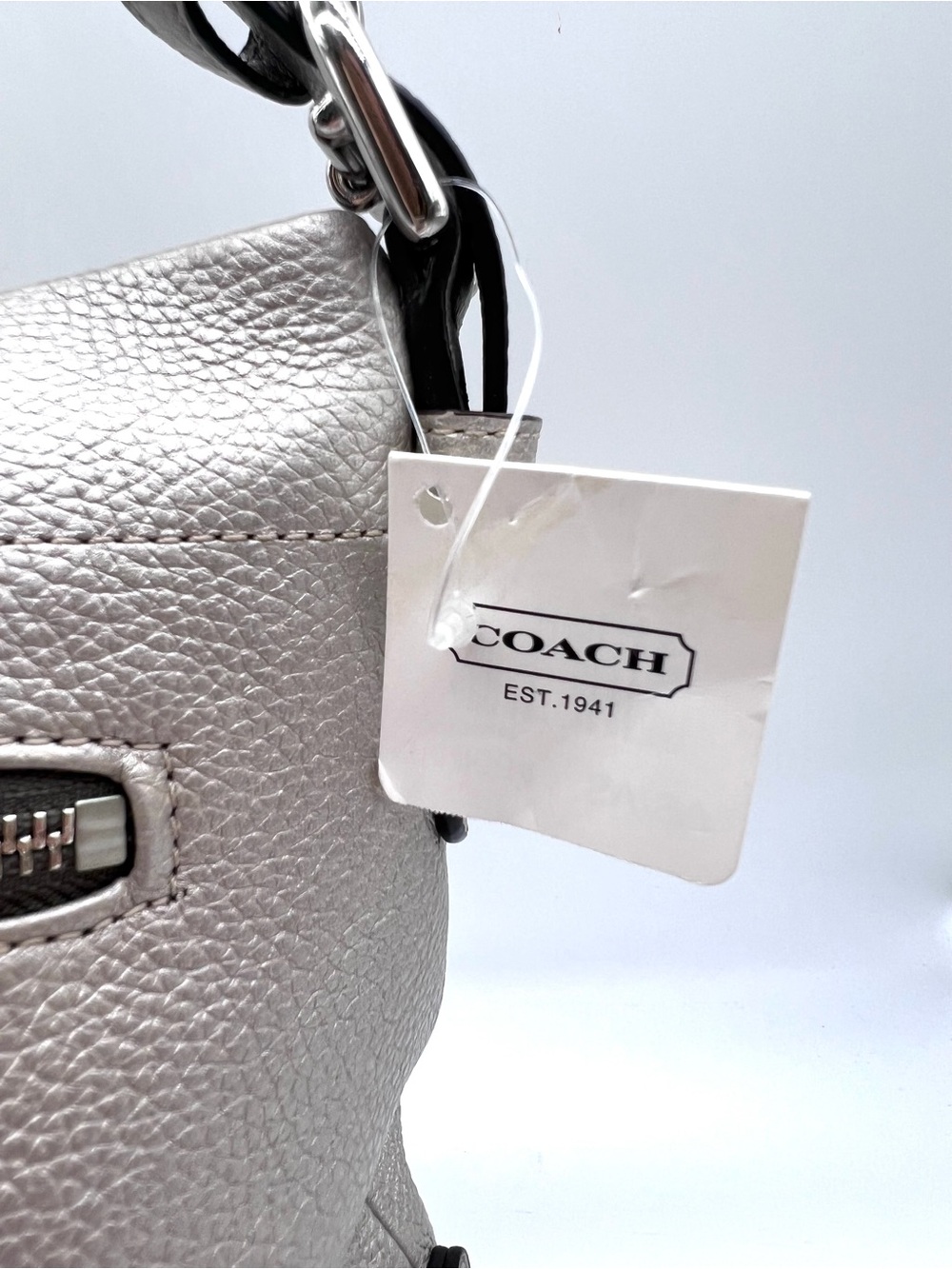 Coach Metallic Silver Pebbled Leather Duffle Shoulder Bag NWT - Picture 2 of 16